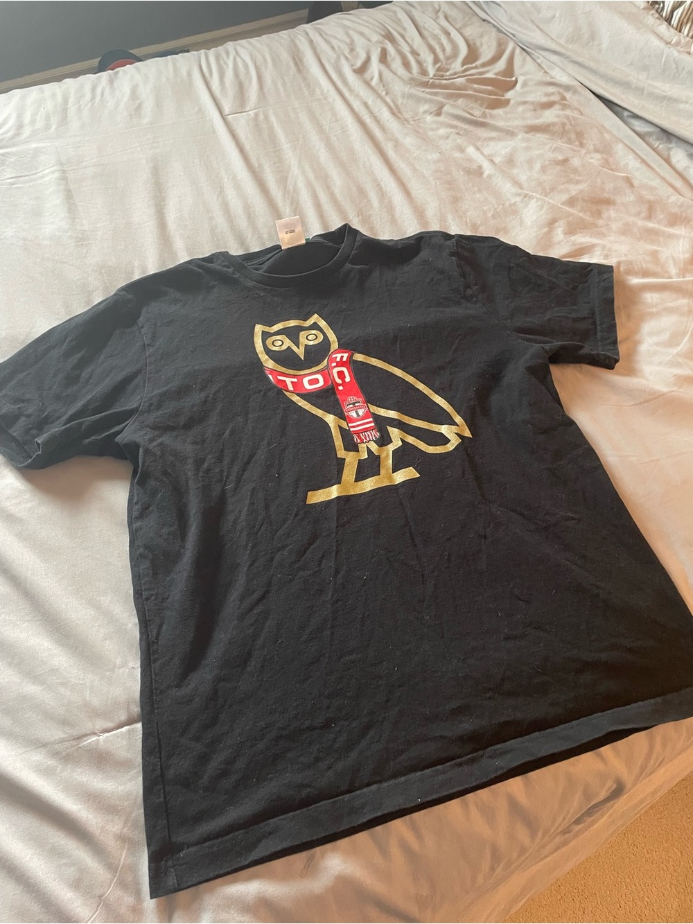 OVO Black T-Shirt with Gold Owl and Red Scarf Graphic